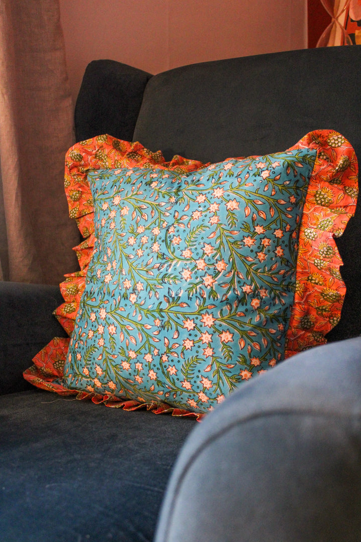 My-Doris-flounce-fringe-cusshion-hand-block-printed-cushion-patterned-contrast-trim-40x40-blue-and-orange-floral-