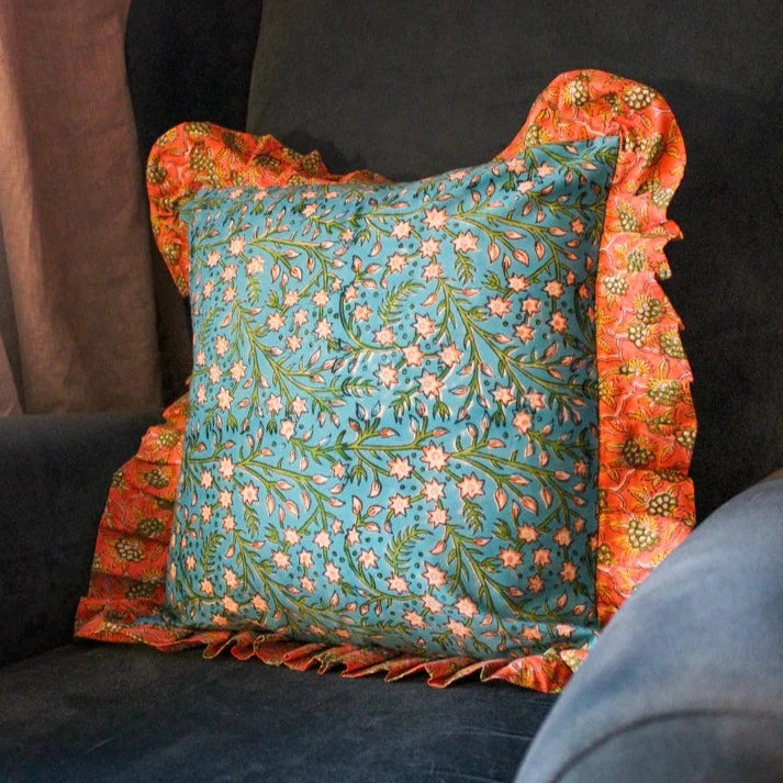 My-Doris-flounce-fringe-cusshion-hand-block-printed-cushion-patterned-contrast-trim-40x40-blue-and-orange-floral-