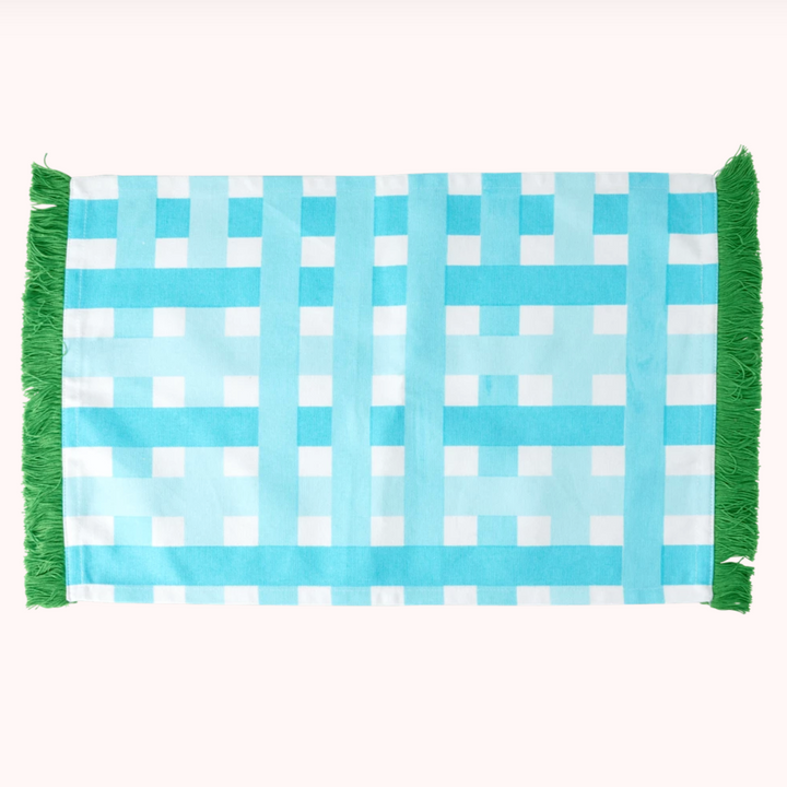 gingham-placement-green-blue-with-fringe-cotton-fabric
