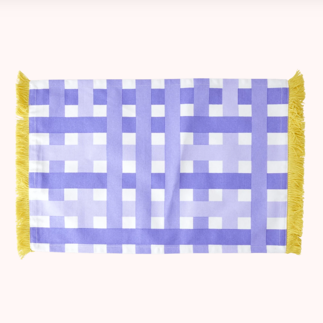 gingham-placement-purple-Yellow-with-fringe-cotton-fabric