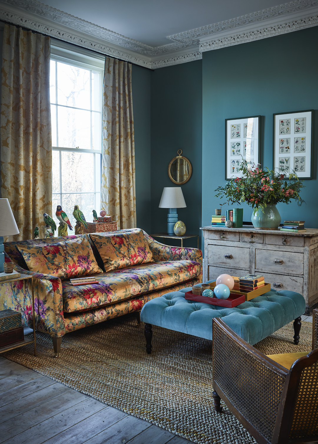liberty-fabrics-lady-kristina-rose-vintage-velvet-lichen-gold-yellow-floral-fabric-sofa-lounge-set-blue-yellow-interior-lounge