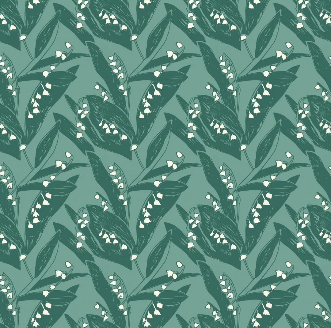 Annika-Reed-Studio-Lily-of-the-valley-floral-wallpaper-green-cream-block-printed-design