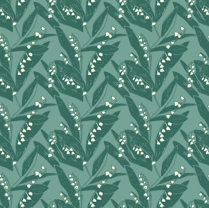 Annika-Reed-Studio-Lily-of-the-valley-floral-wallpaper-green-cream-block-printed-design