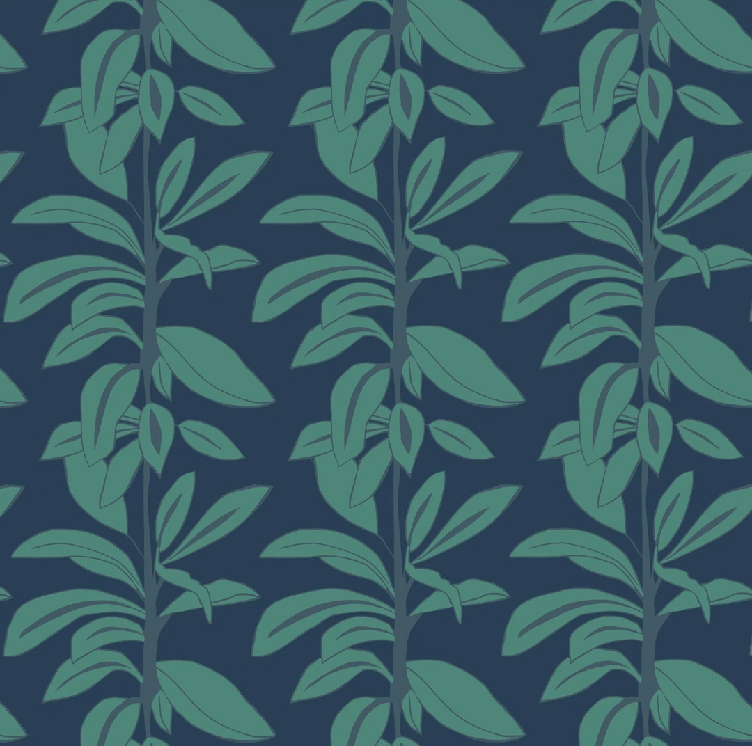 Annika-reed-studio-rubber-plant-wallpaper-block-printed-green-blue-wallcovering-print-design-the-design-yard