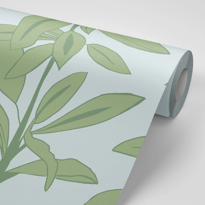 Annika-reed-studio-rubber-plant-wallpaper-block-printed-green-blue-wallcovering-print-design-the-design-yard