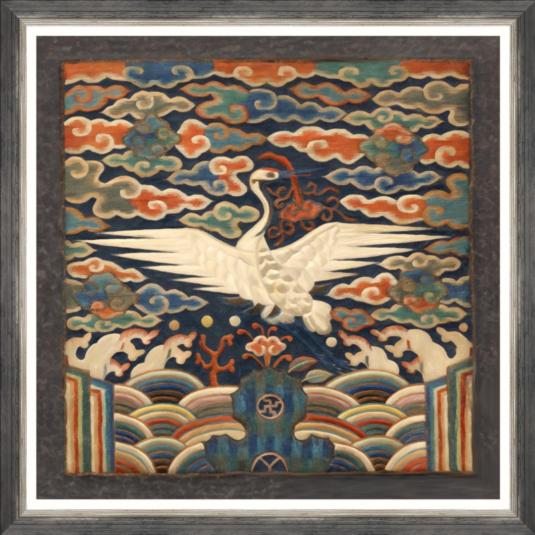 mind-the-gap-crane-oriental-vintage-wall-art-linen-framed-art-hand-made