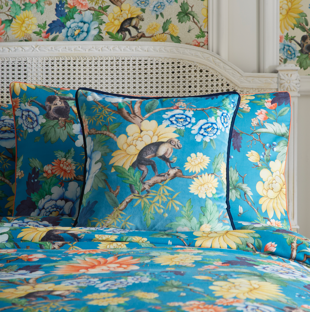 wedgwood-by-clarke-&-clarke-teal-blue-bedding-asian-florals-orange-yellow-monkeys-statement-duvet-cover-set-200-cotton-200-thread-count