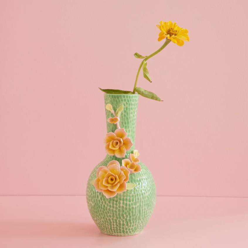 ceramic-green-sculpture-floral-flower-vase-yeloow-pink-flowers-glazed-vase