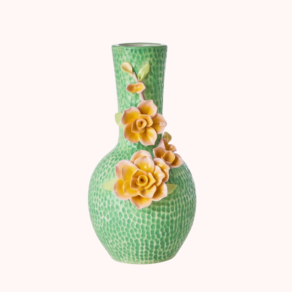 ceramic-green-sculpture-floral-flower-vase-yeloow-pink-flowers-glazed-vase
