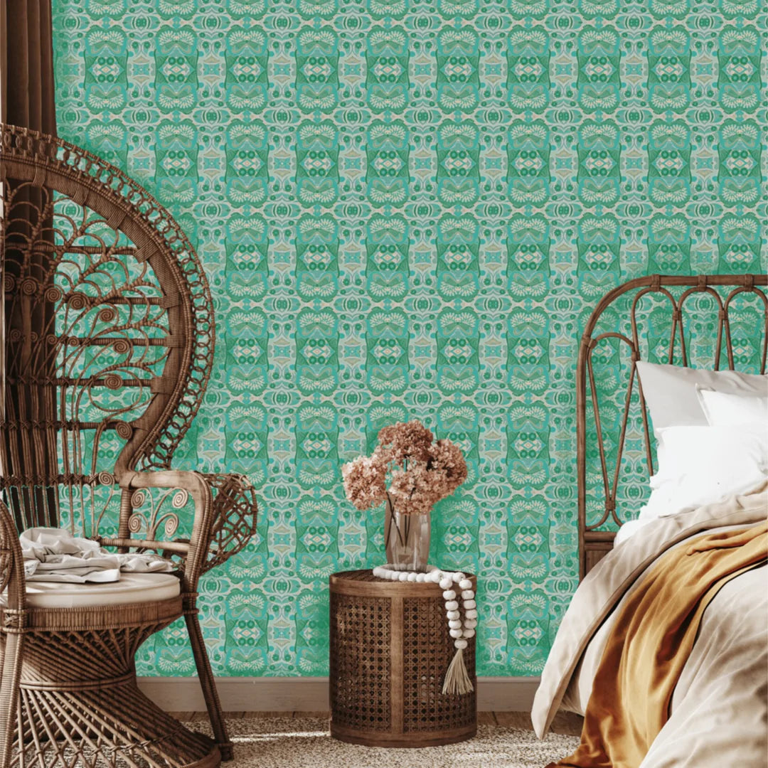 Tatie-Lou-wallpaper- Esprit-Boho-Art-Deco-pattern-repeat-kaleidoscopic-jewel-tones-origami-Sea-Green-