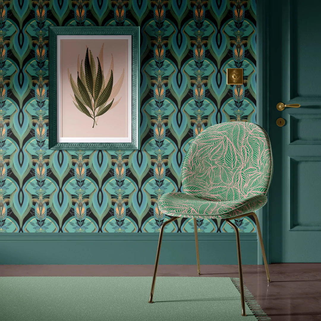 Tatie-Lou-wallpaper-Soltar-desiner-pattern-art-deco-repeat-glamourous-leaf-graphic-designer-british-UK-artisan-retro-Ink-Green-pattern 
