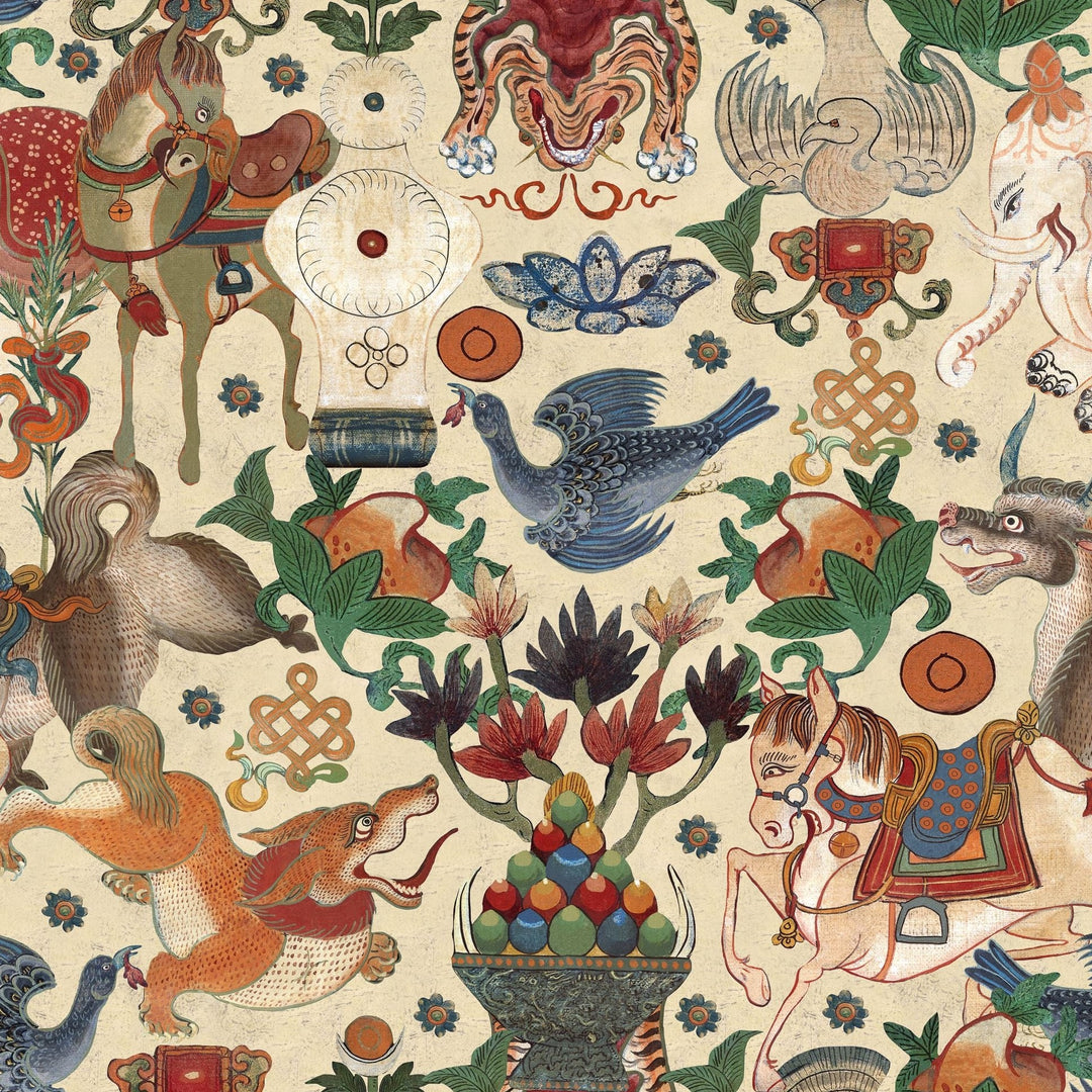 mind-the-gap-woodstock-collection-animal-wallpaper-tiger-horse-elephants-birds-multi-coloured-bohemian-wallpaper-incantation