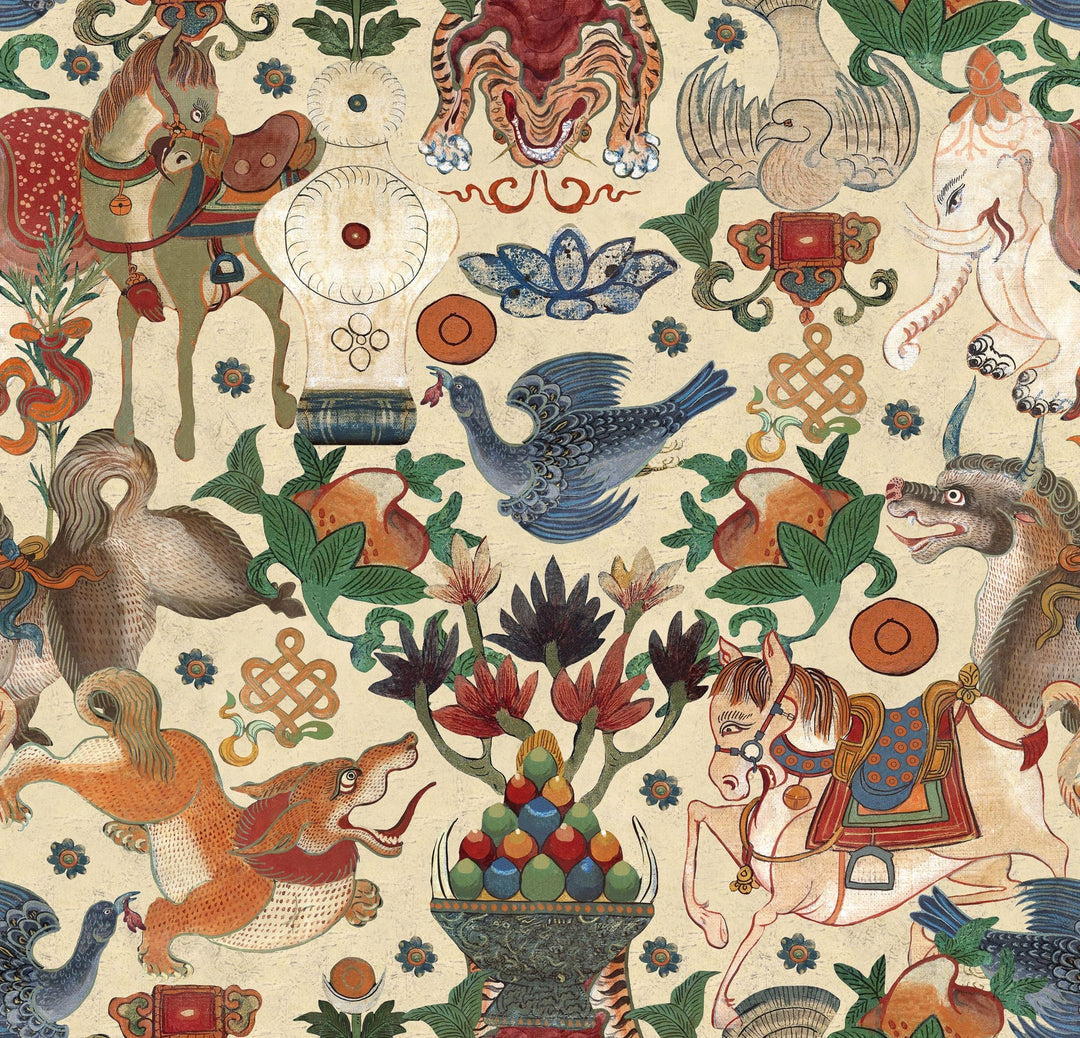 mind-the-gap-woodstock-collection-animal-wallpaper-tiger-horse-elephants-birds-multi-coloured-bohemian-wallpaper-incantation-boho--cream-multi-coloured
