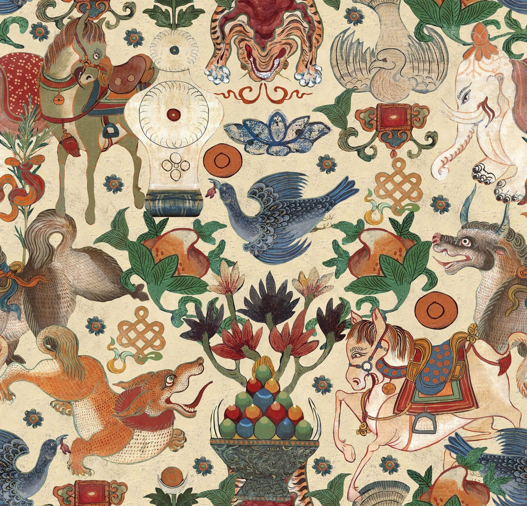 mind-the-gap-woodstock-collection-animal-wallpaper-tiger-horse-elephants-birds-multi-coloured-bohemian-wallpaper-incantation-boho-cream-multi-coloured