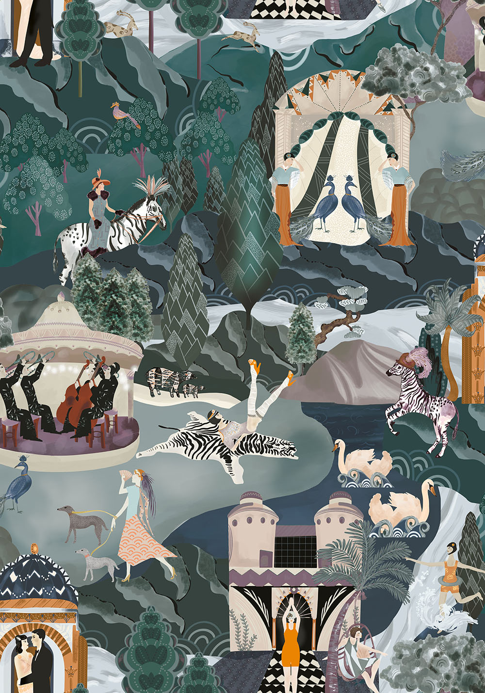 brand-mckenzie-wallpaper-heart-deco-collection-art-decodance-bold-comic-wallpaper-print-animals-swans-architecture-buildings-trees-zebras-fashional-women