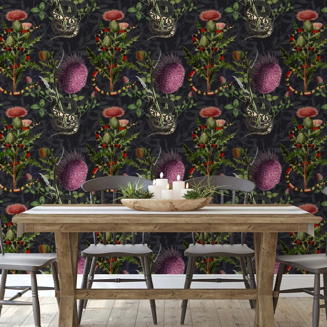 North-and-Nether-Thistle-wallpaper-large-purple-thistles-snakes-black-background-floral-midnight-garden-pattern-exotic-interiors