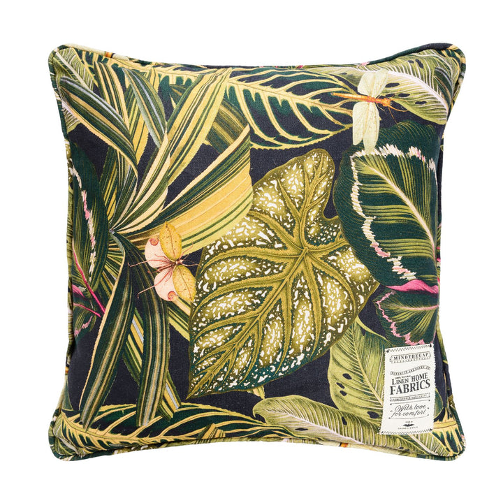 mind the gap linen cushion amazonia tropical leaf green pink and black