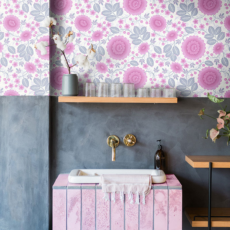 Olenka-design-wallpaper-Velina-pink-peony-large-floral-wallpaper-printed-leaf-pink-grey-white-botanical-pattern-retro-60s-70s-vintage-flower-vine