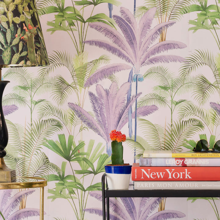 mind-the-gap-palmeras-wallpaper-palm springs-collection-palm-tree-green-white-purple-lilac-blue-statement-maximalist-interior