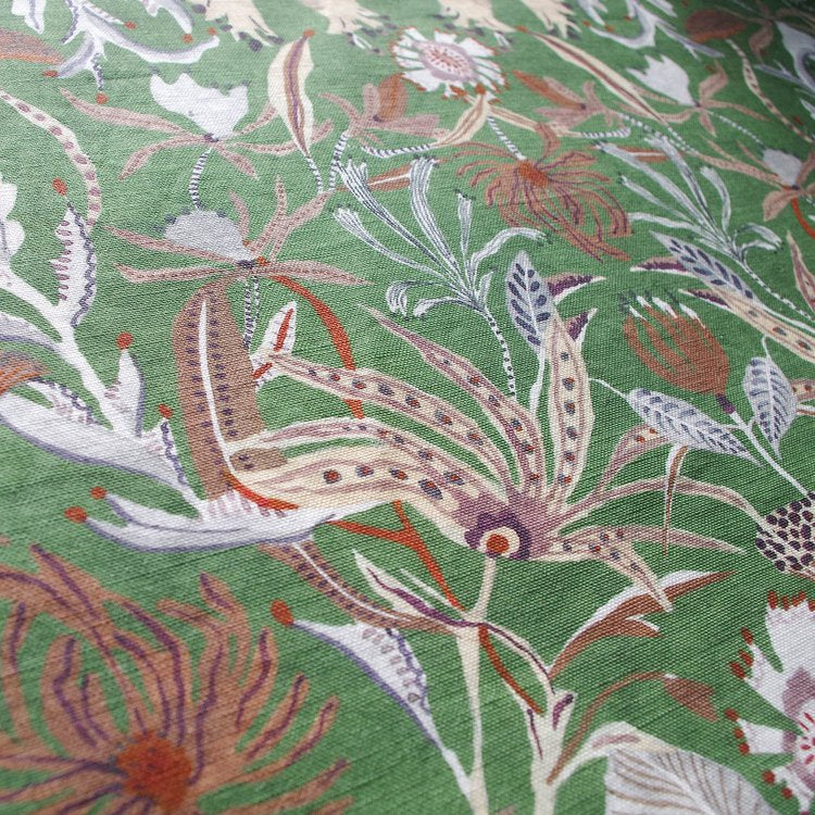 Lowri-textiles-woodland-forest-heritage-green-shade-toadstools-leaves-flowers-dahlias-thistles-red-brown-chestnut-colours-fabric-printed-linen-cotton-Jo-Faulkner-fabrics-british-designer