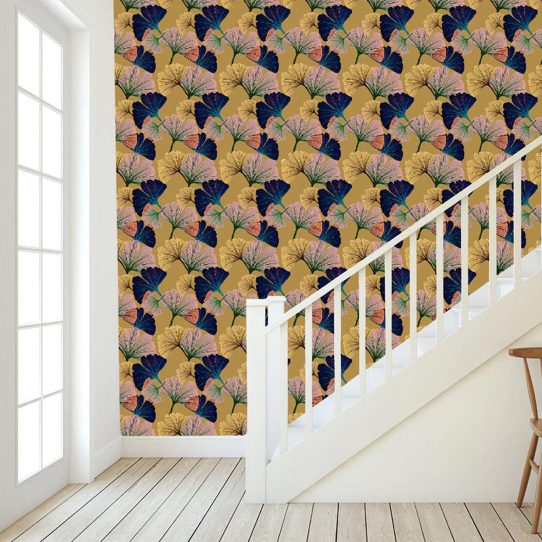 Tatie-lou-ginko wallpaper-hand-drawn-leaf-digital-colourful-printed-repeat-UK-british-designer-wallpaper-buttercup-yellow