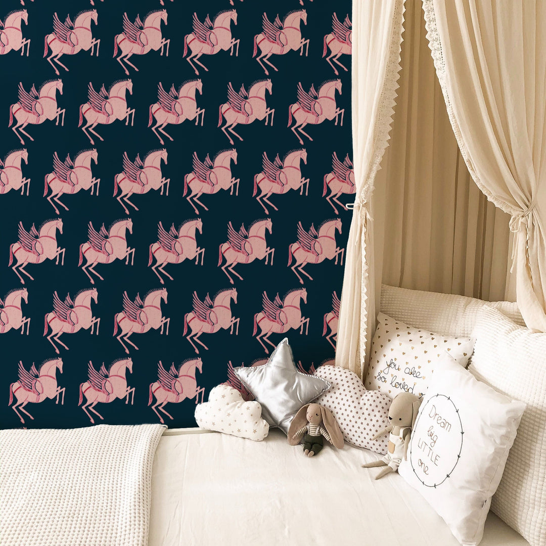 Annika-Reed-Studio-Pegasus-wallpaper-midnight-Horse-navy-pink-artisan-printed