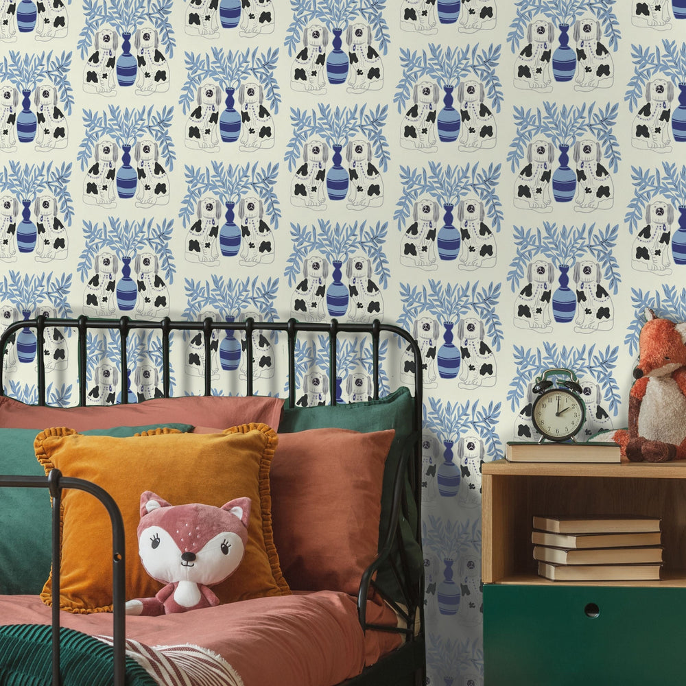 Annika-Reed-Studio-Pair-of-dogs-delft-blue-ARPD01-Staffordshire-Dogs-Wallpaper-print-repeat-pattern-paper  