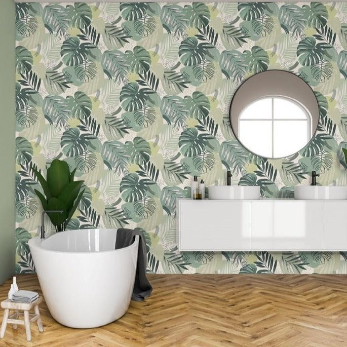 Abstract-jungle-print-wallpaper-brand-McKenzie-leaf-green-pattern-monstera-palm-large-pattern-  