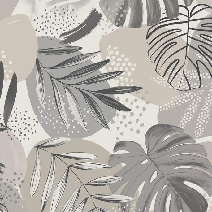 Abstract-jungle-print-wallpaper-brand-McKenzie-leaf-puttygrey-pattern-monstera-palm-large-pattern-grey -monochrome-taupe--painterly-abstract