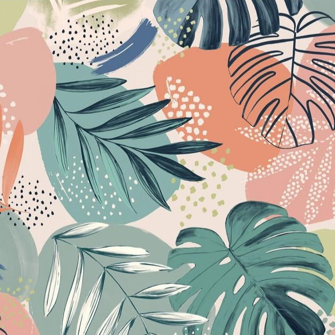 Abstract-jungle-print-wallpaper-brand-McKenzie-leaf-green-pattern-monstera-palm-large-pattern-teal-pink-peach-painterly-abstract