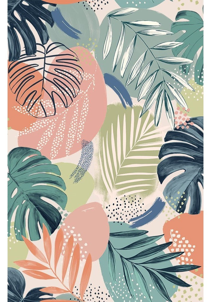 Abstract-jungle-print-wallpaper-brand-McKenzie-leaf-green-pattern-monstera-palm-large-pattern-teal-pink-peach-painterly-abstract