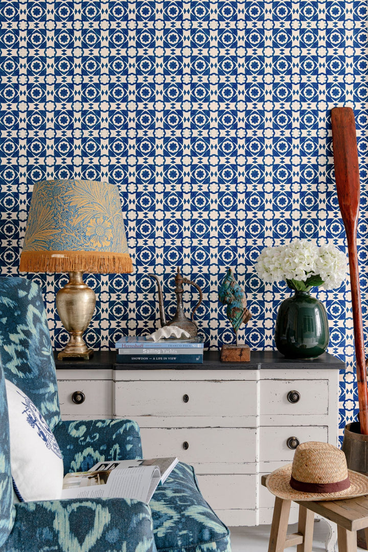 mind-the-gap-aegean-tile-indigo-wallpaper-blue-and-taupe-room-greek-tile-inspiration-summer-spring-sundance-villa-collection