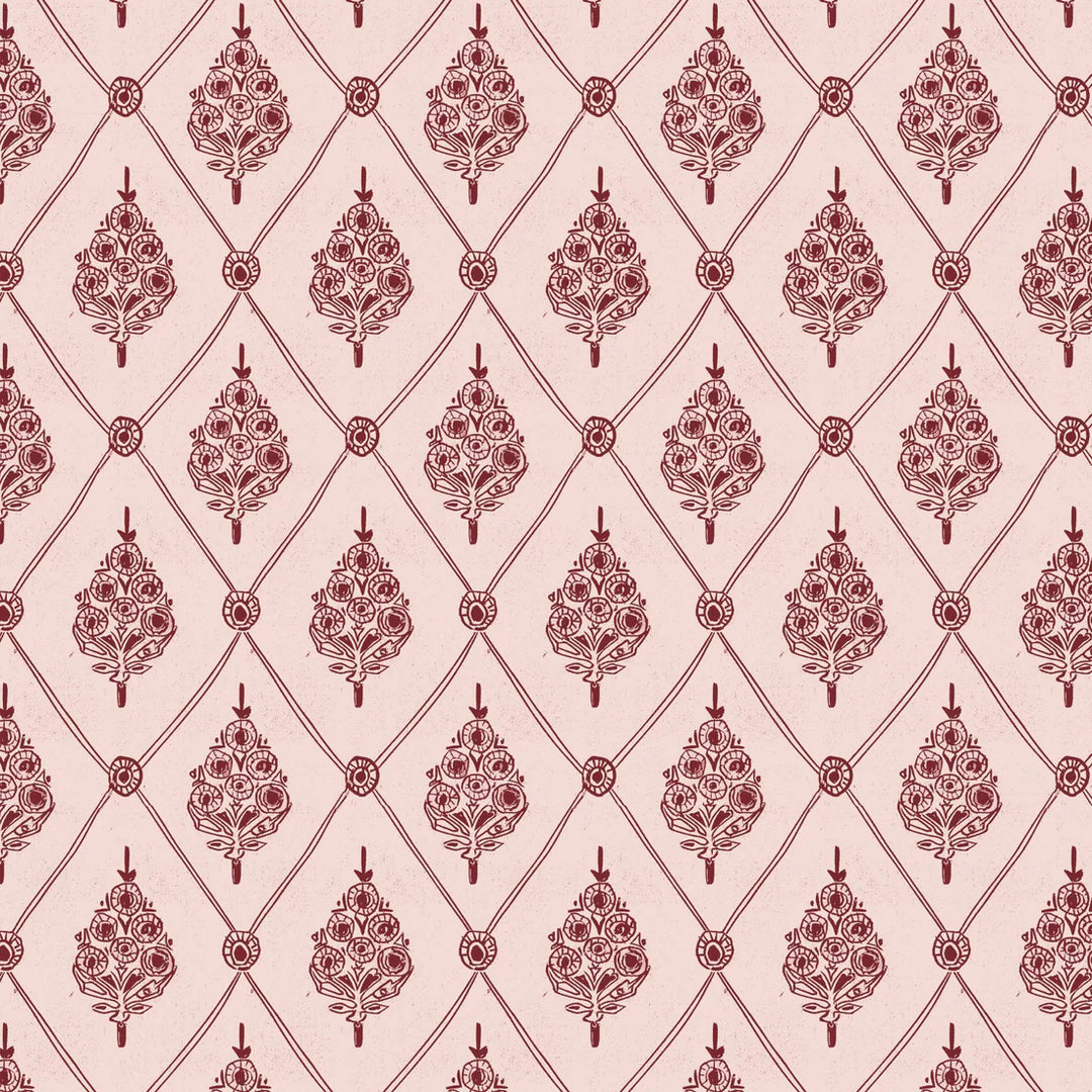annika-reed-studio-agra-linen-fabric-pink-burgandy-red-inspired-by-taj-mahal-india-colour-of-palaces-floral-repeated-diamond-print