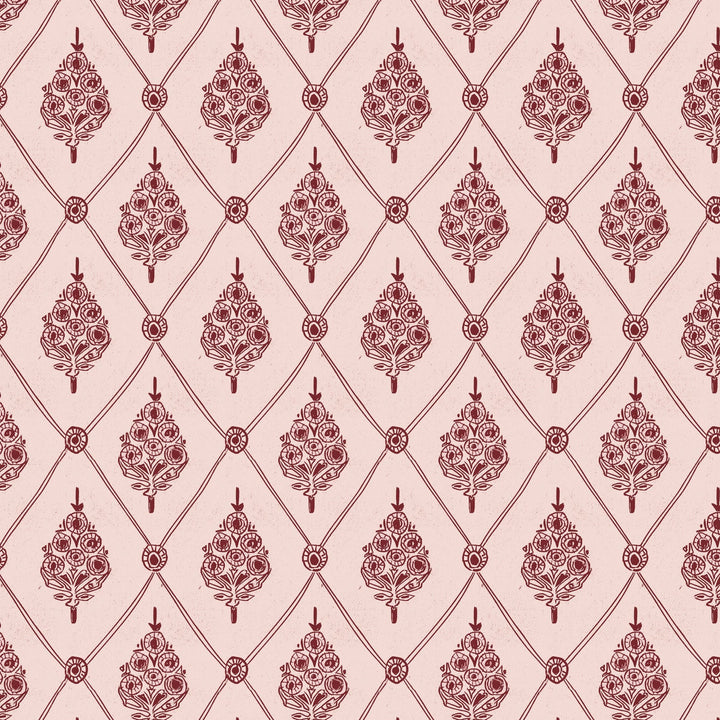 annika-reed-block-printed-wallpaper-agra-pink-red-burgandy-floral-respeated-design-inspired-by-taj-mahal