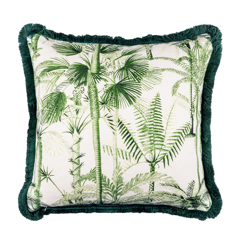 mind the gap linen cushions algae I Palmera cubana green and white and fringe