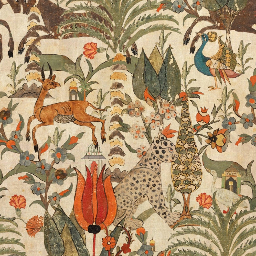 Tales-Of-Maghreb-wallpaper-collection-mind-the -gap-Algerian-Tale-drawing-illustrated-animals-foliage-mural-style-Indian-themed-wall-decor-palms-tigers-leopards-orange-green-beige-exotic-wall-print