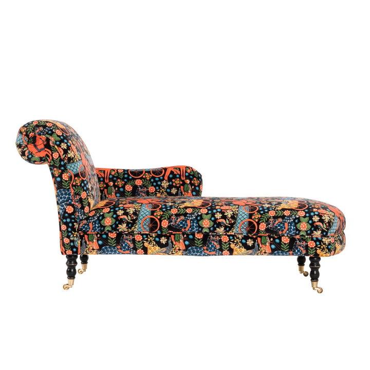 mind-the-gap-Tyrol-collection-Anatolia-chaise-lounge-folk-pattern-printed-velvet-upholstry vibrant-apres-ski-chalet-Tyrol-collection-nordic-pattern-black-velvet-one-arm-roll-back-furniture-
