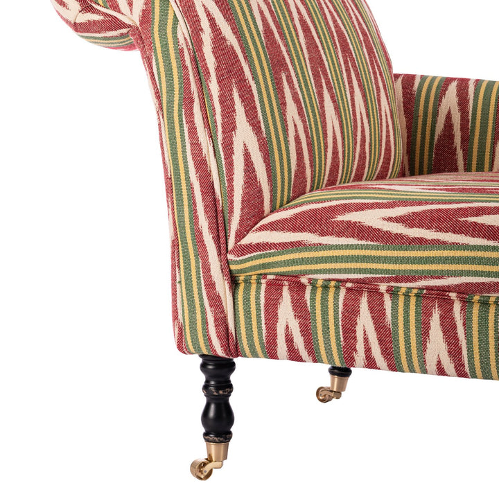 Mind-The-Gap-Anatolia-chaise-lounge-bakhmal-ikat-woven-fabric-red-green-ikat-pattern-zigzag-one-arm-long-pad-furniture-woodstock-collection-