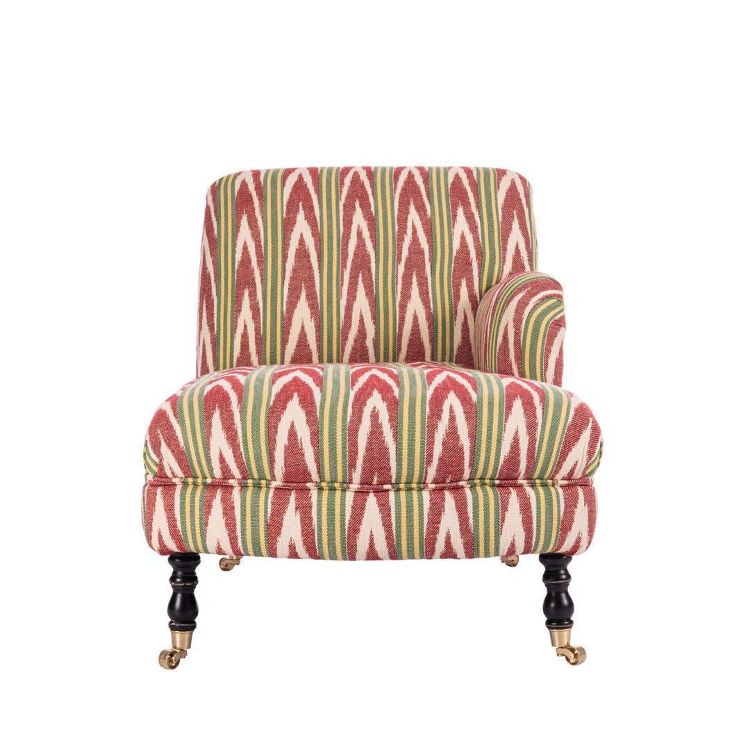 Mind-The-Gap-Anatolia-chaise-lounge-bakhmal-ikat-woven-fabric-red-green-ikat-pattern-zigzag-one-arm-long-pad-furniture-woodstock-collection-