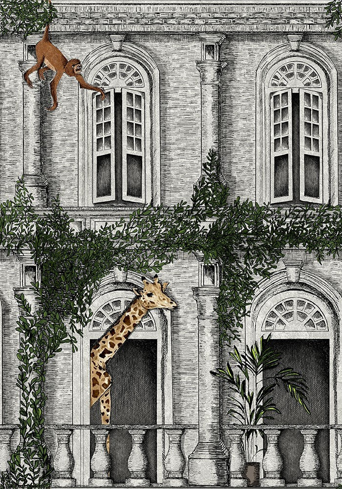 Animal-Architecture-wallpaper - green-hand-drawing- brand-McKenzie-illustrated-giraffe-monkey-gardens-balcony-schen-archways-mural-building-images-wallpaper-prints