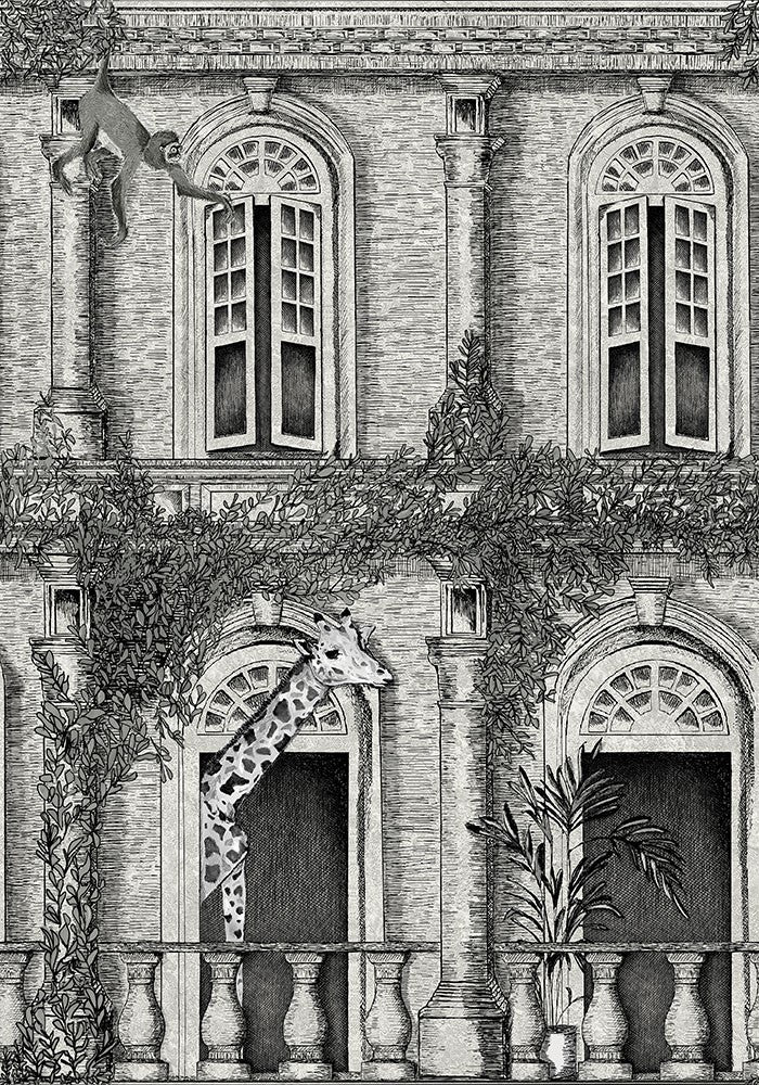 Animal-Architecture-wallpaper - grey - brand-McKenzie-illustrated-giraffe-monkey-gardens-balcony-schen-archways-mural-building-images-wallpaper-prints