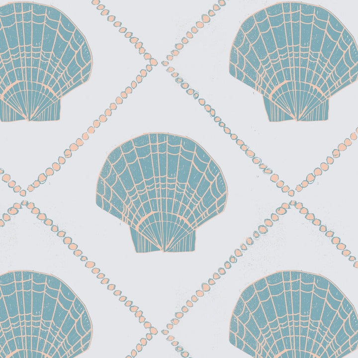 Annika-Reed-Studio-artisan-wallpaper-Aphrodite-shelly-blue-colour-black-print-sea-shell-repeat-pattern-feature-beach-ARA01