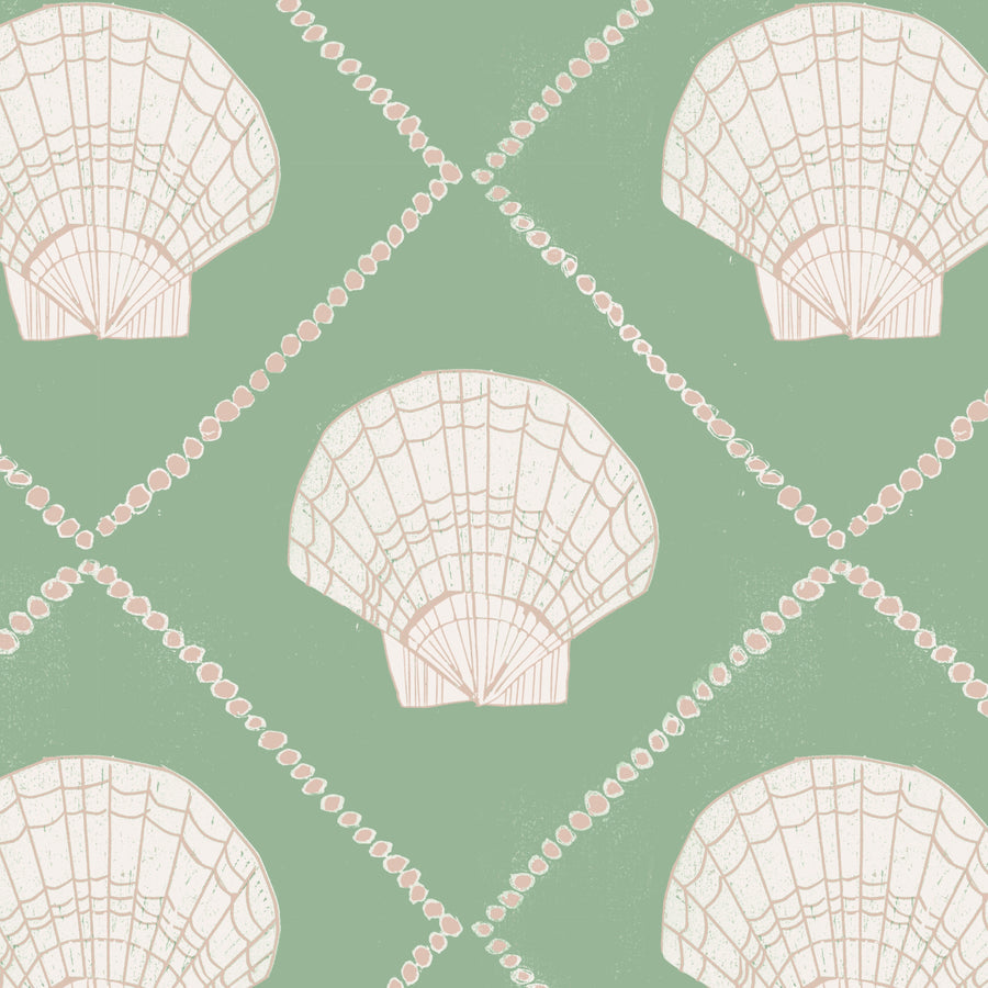 Annika-Reed-Studio-Wallpaper-Aphrodite-Sea-Green-ARA02-scallop-shell-block-repeat-artisan-designer-print