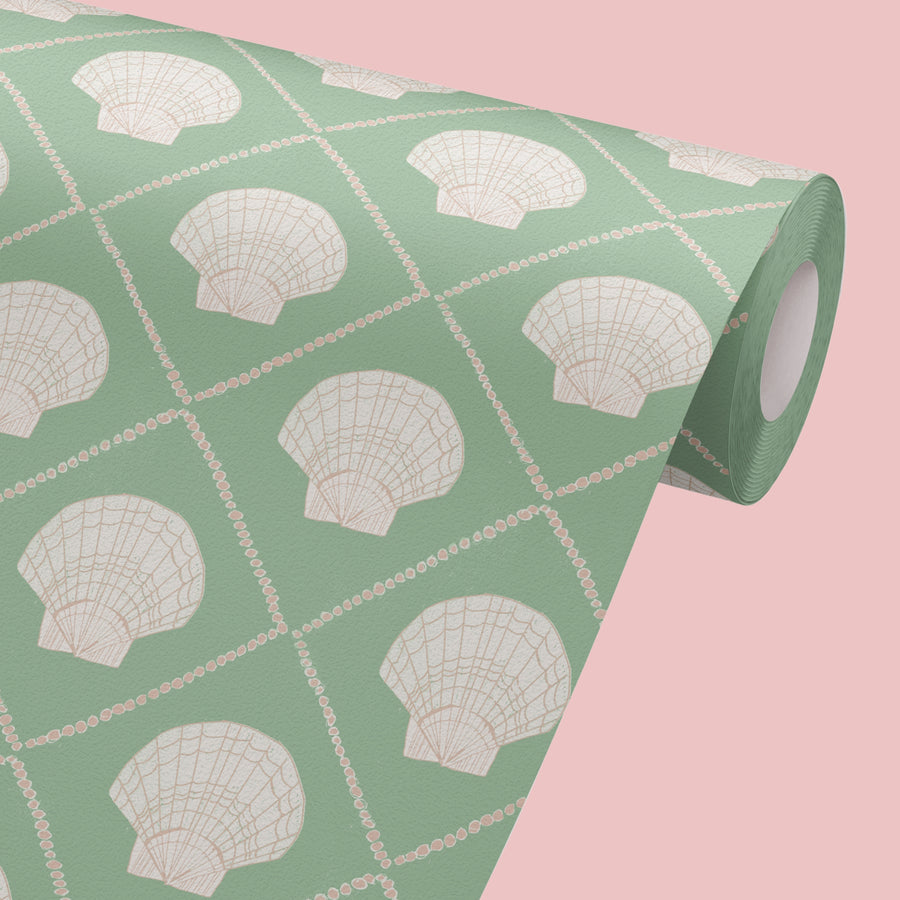 Annika-Reed-Studio-Wallpaper-Aphrodite-Sea-Green-ARA02-scallop-shell-block-repeat-artisan-designer-print