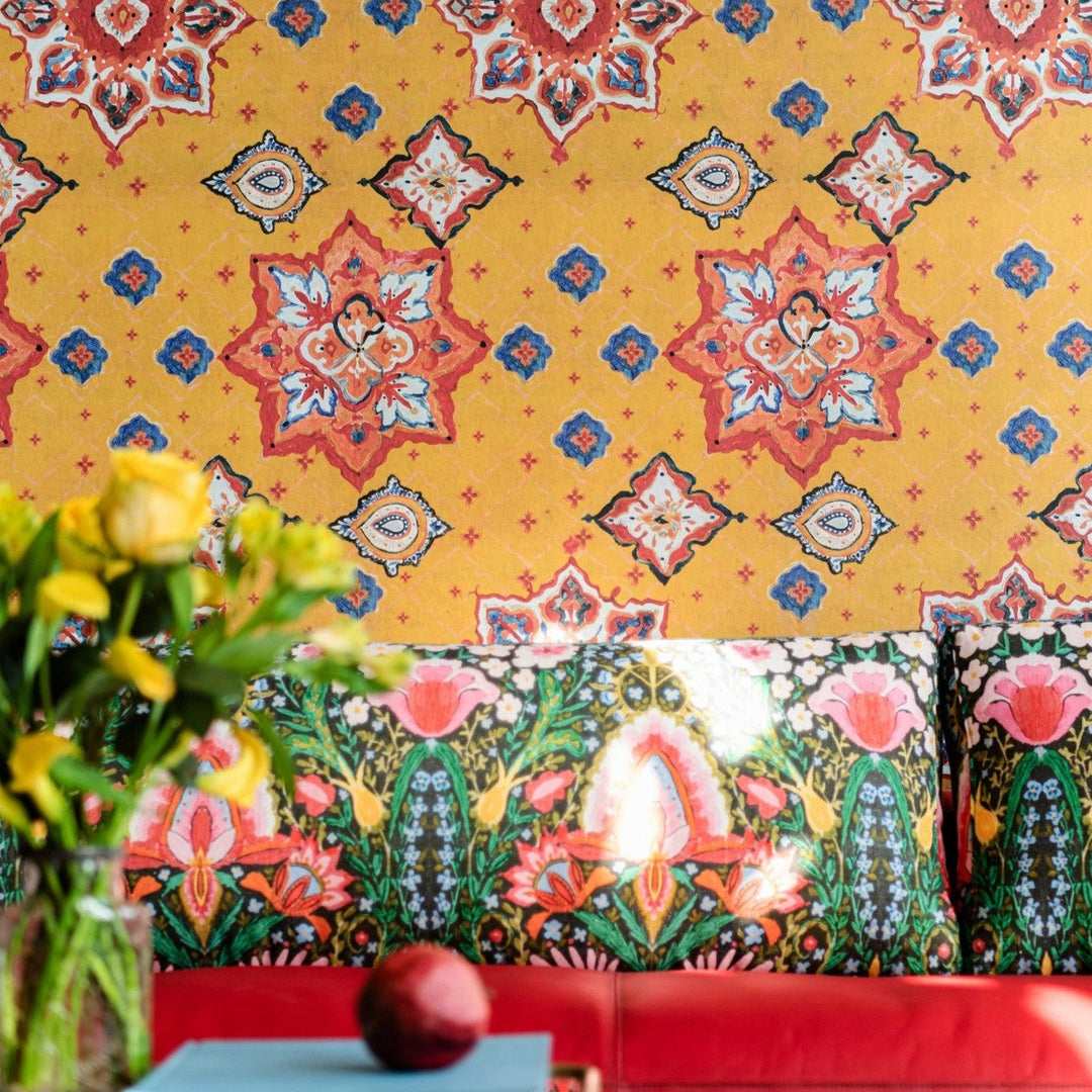 Mind-the-gap-tales-of-Maghreb-wallpapre-collection-Arabian-decorative-yellow-painterly-pattern-tile-repeat-wallpaper-red-blue-arabic-pattern-traditional