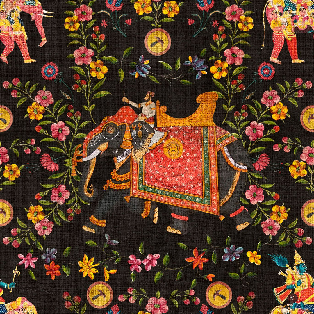 mind-the-gap-aristocracy-black-wallpaper-world-of-fabrics-collection-inspired-by-indian-fabrics-textiles-elephants-floral-textured-maximalist-statement-interior