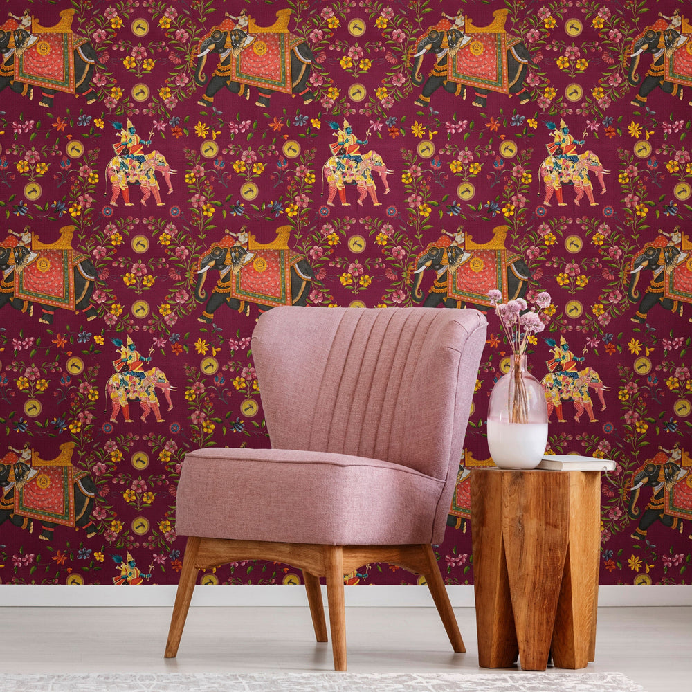 mind-the-gap-aristocracy-red-wallpaper-world-of-fabrics-collection-inspired-by-indian-fabrics-textiles-elephants-floral-textured-maximalist-statement-interior