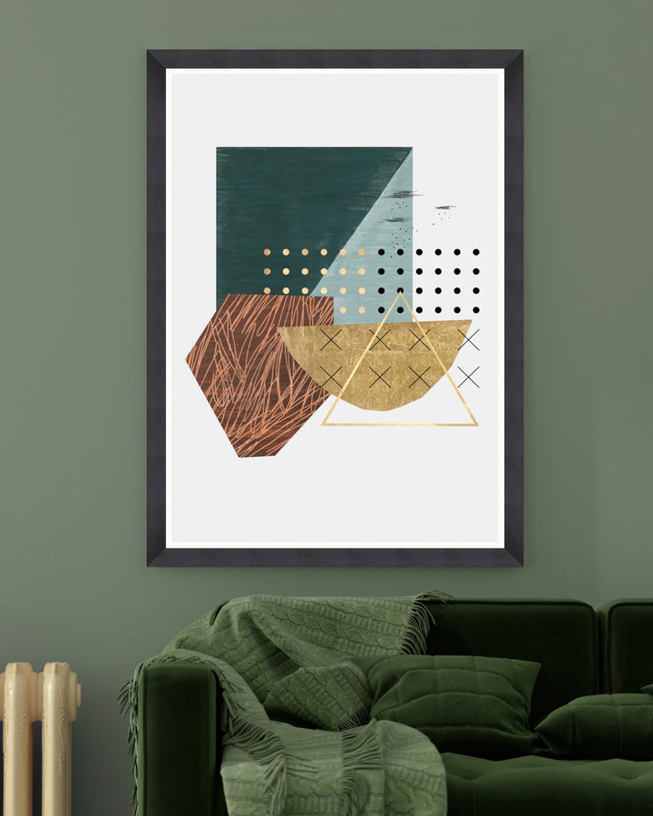 mind-the-gap-framed-art-FA12732-mind-the-gap-framed-art-Minimal-attempt-electic-modern-art-layers-geometric-shapes-gold-foil-modern-glossy-frame-black-white-brown-copper-minimal-retro-greens-spots-triangles