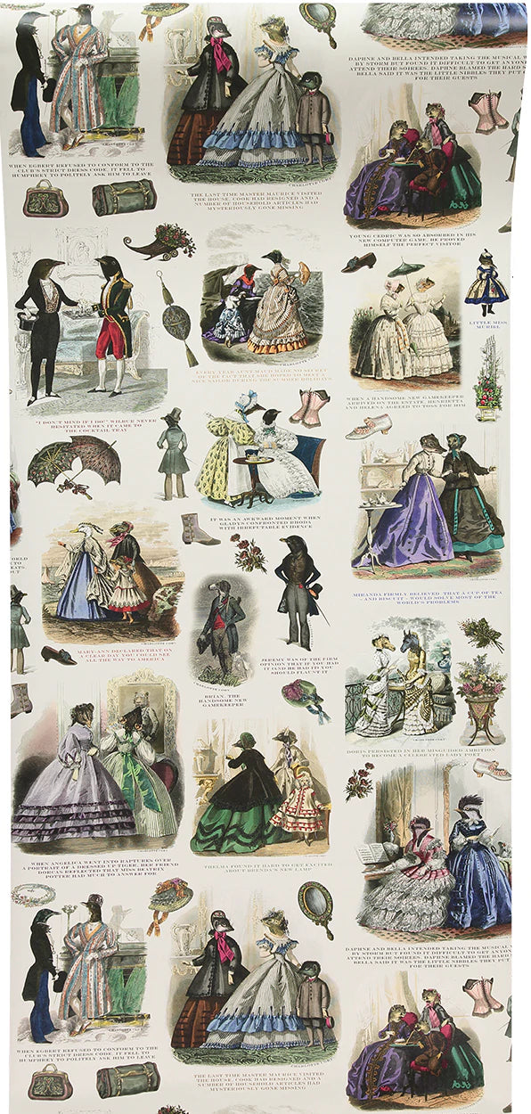 Graduate-collection-Visitorian-fashionista-cats-mice-birds-victoriana-dress-illustrations-decoupage-style-collage-vintage-newsprint-wallpaper-black-white-tinted-charlotte-cory-designer-uk