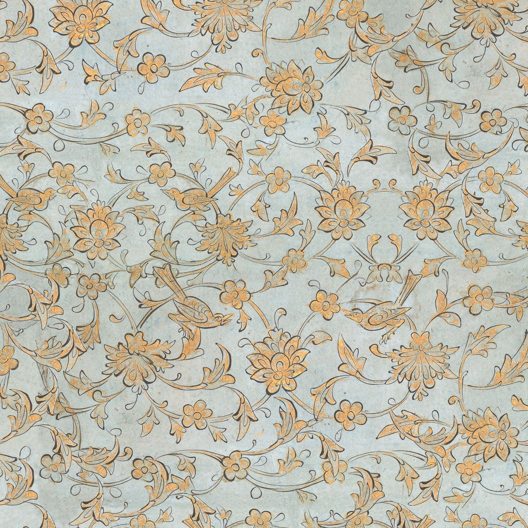 mind-the-gap-backyard-flowering-ether-blue-wallpaper-transylvanian-roots-collection-complementary-yellow-orange-beige-floral-maximalist-statement-interior